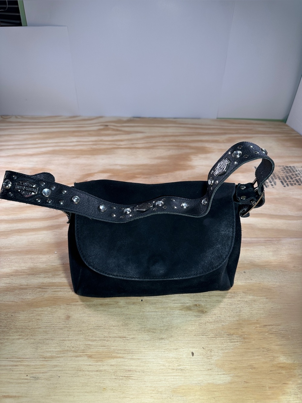 Vintage Harley Davidson Black Suede Flap Bag | Rhinestone & Studded Leather Stra